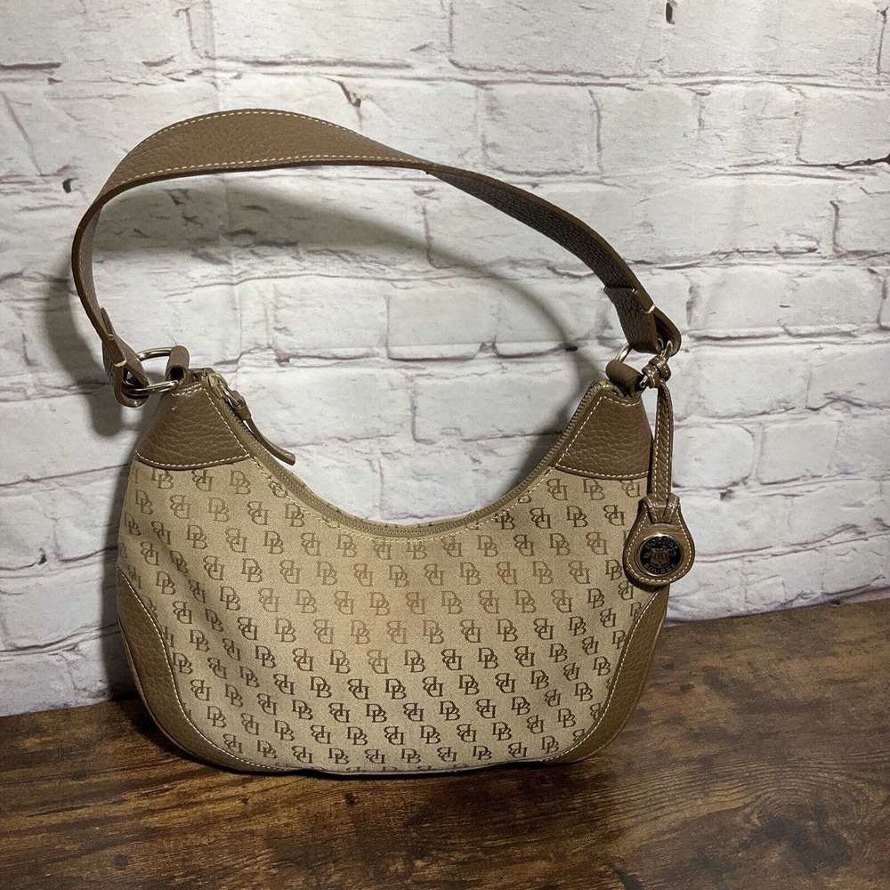 Dooney & Bourke Brown Tan All Weater Leather Signature Canvas Hobo Purse Bag